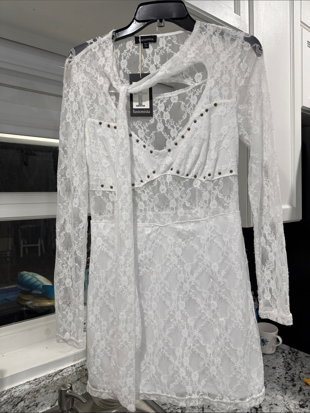 Fusionista White Lace Long-Sleeve Stud-Trim Dress